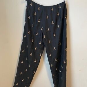 Talbots Vintage 90s Black 100% Silk Tan Tassel Embroidered Ankle Pants Size 2